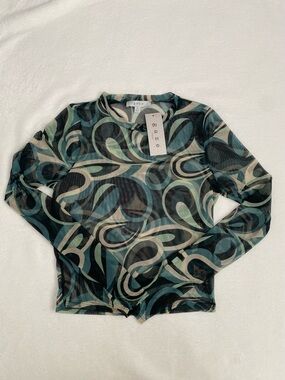 Y2K style Teal Black and Cream Abstract Mesh Long Sleeve Top